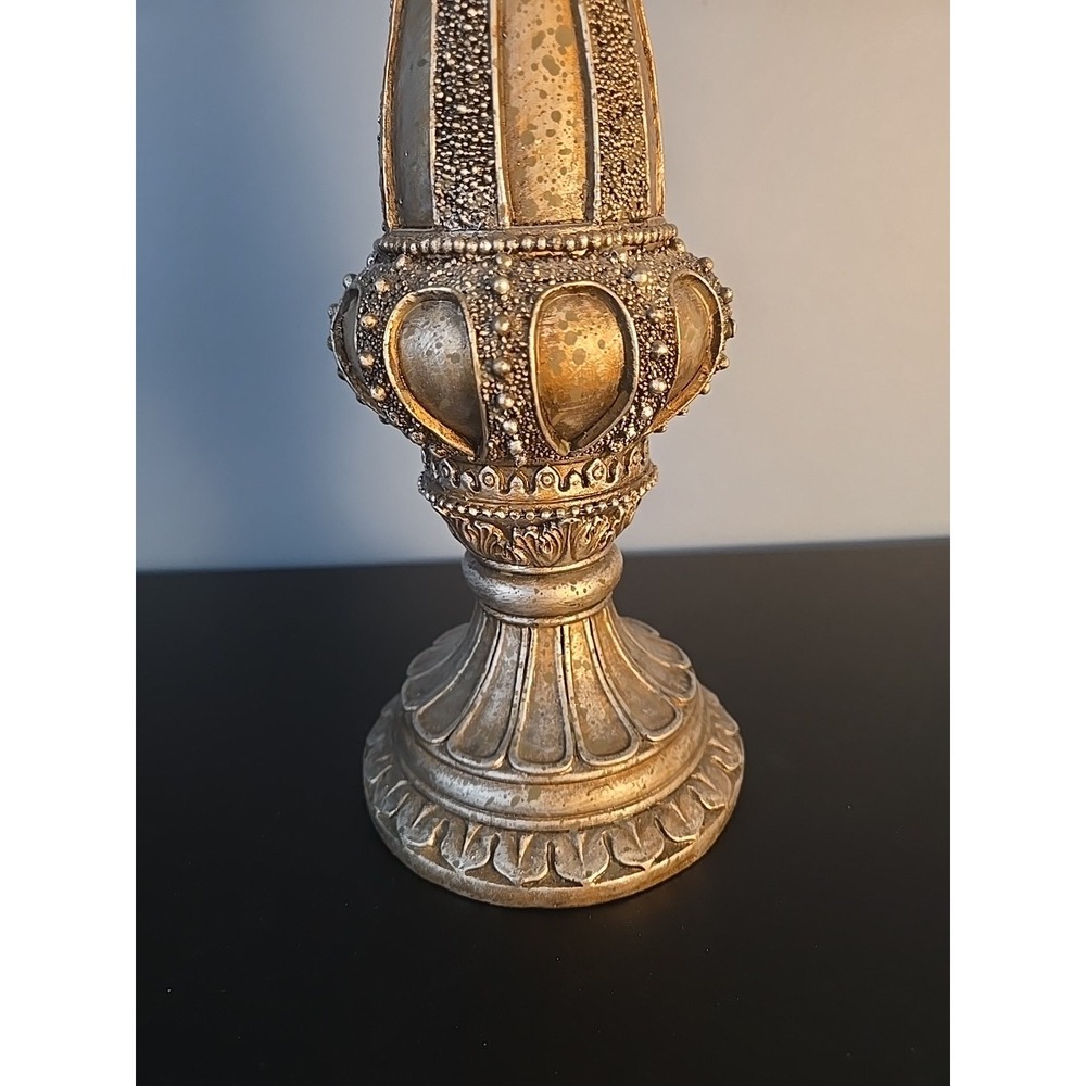 Silver Bronze Tone Embossed Beaded Pedestal Candle Holders 12" Tall Resin - Picture 5 of 11